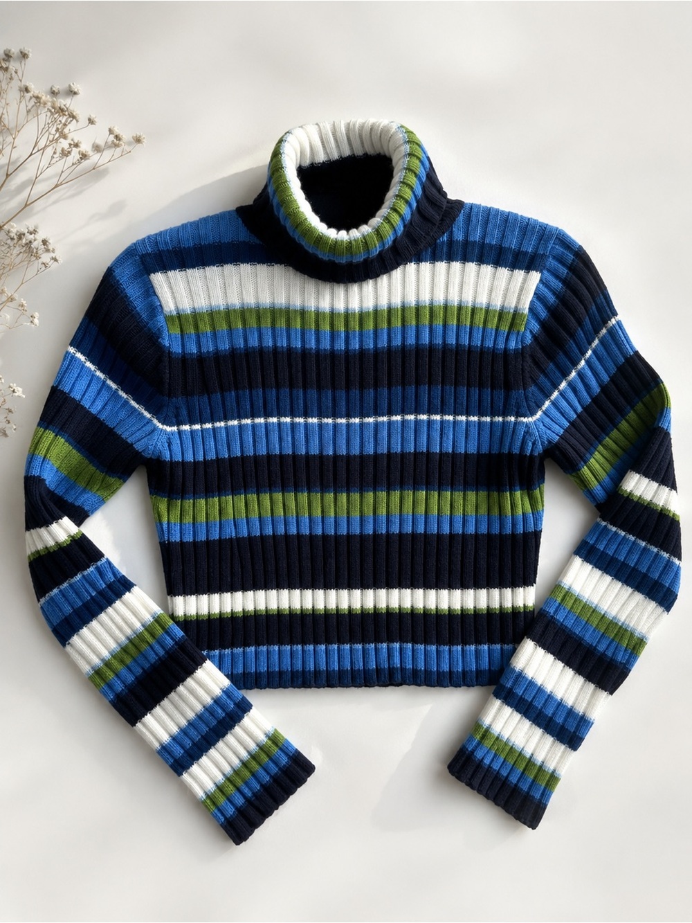 Vintage Y2K Taunt Ribbed Striped Turtleneck Crop Sweater | Blue Green | Size L